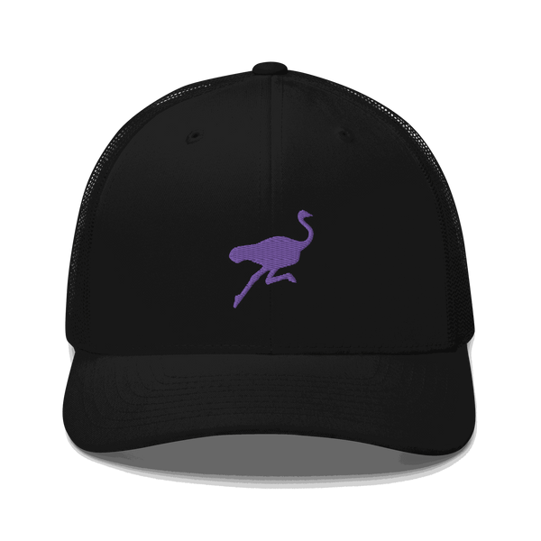 Nostr trucker cap with ostrich mascot and mesh back design