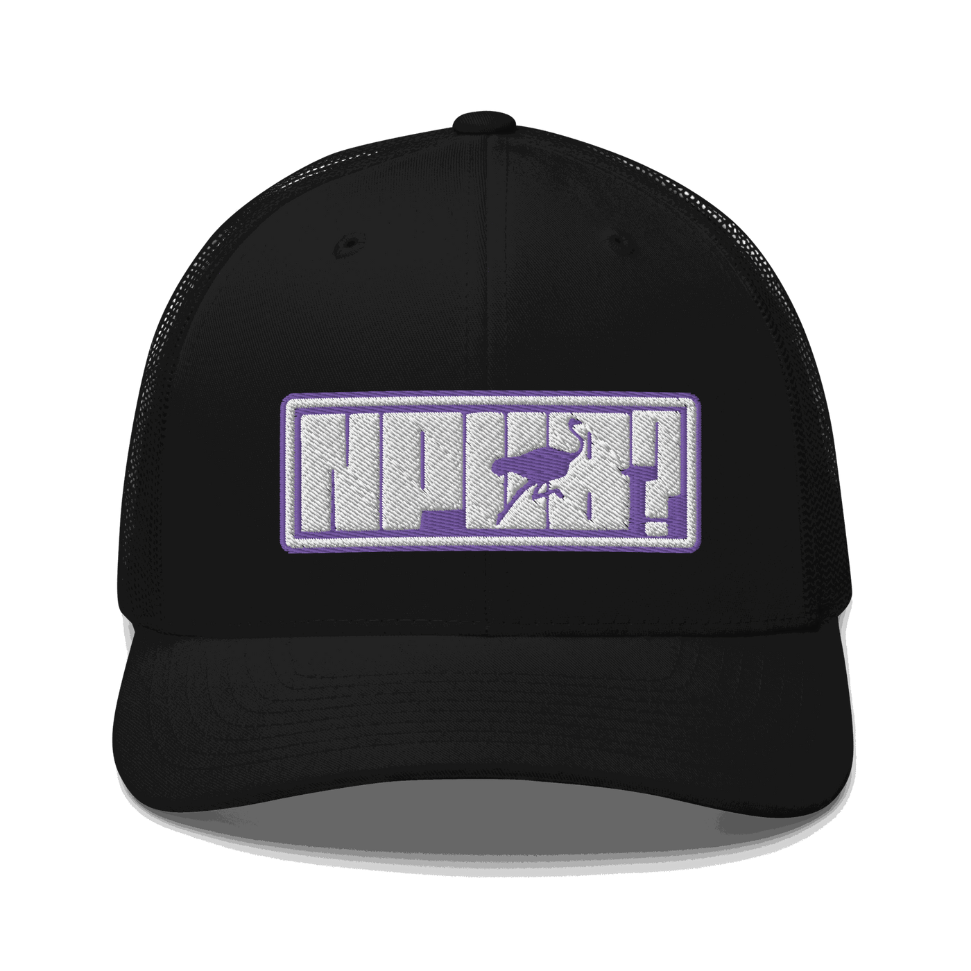 Black nPub nostr trucker cap with mesh back and adjustable closure