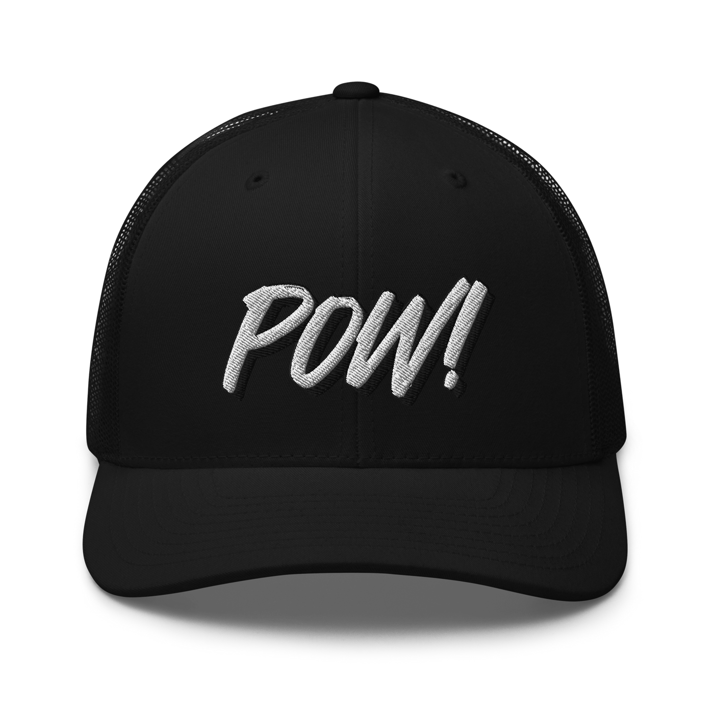 Black Bitcoin trucker cap with mesh back and POW embroidery