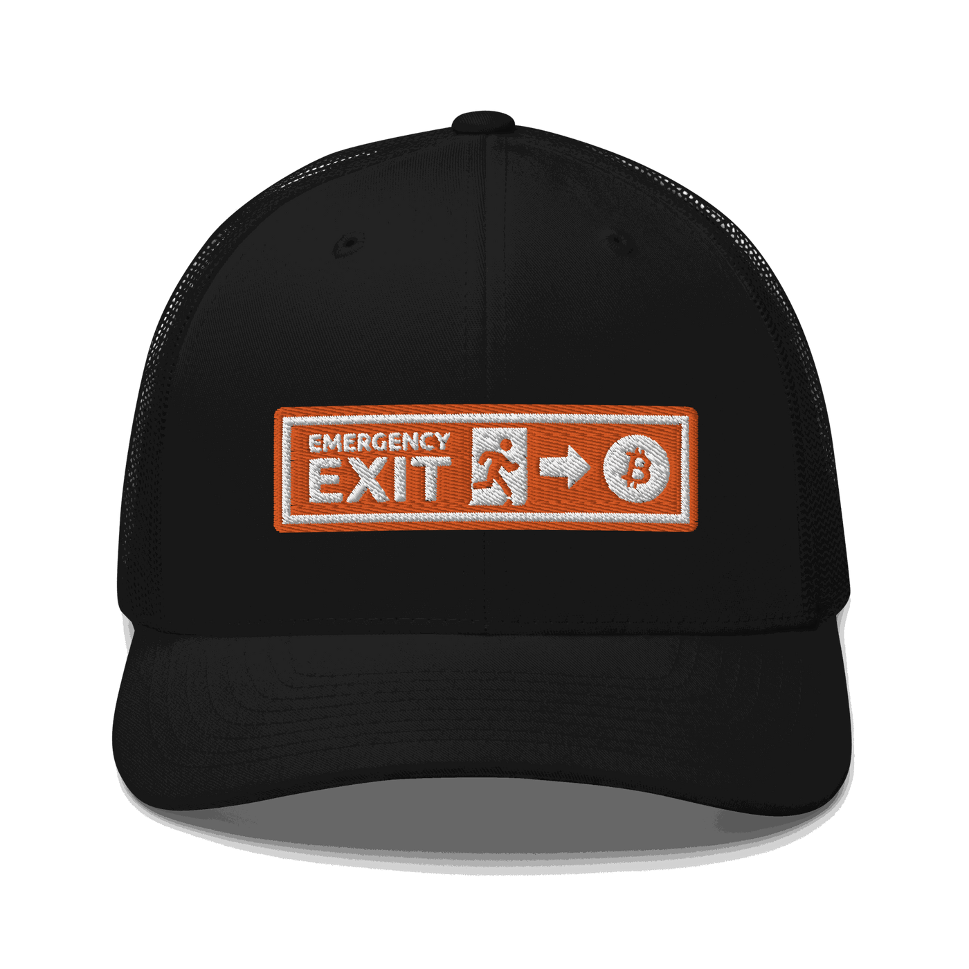 Black Bitcoin trucker cap with mesh back and emergency exit slogan embroidery