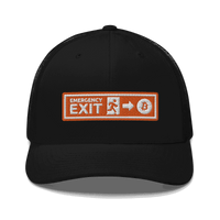 Black Bitcoin trucker cap with mesh back and emergency exit slogan embroidery