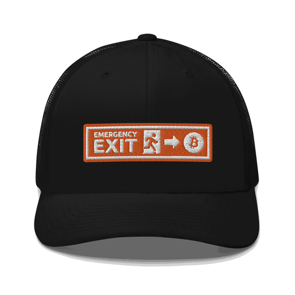 Black Bitcoin trucker cap with mesh back and emergency exit slogan embroidery