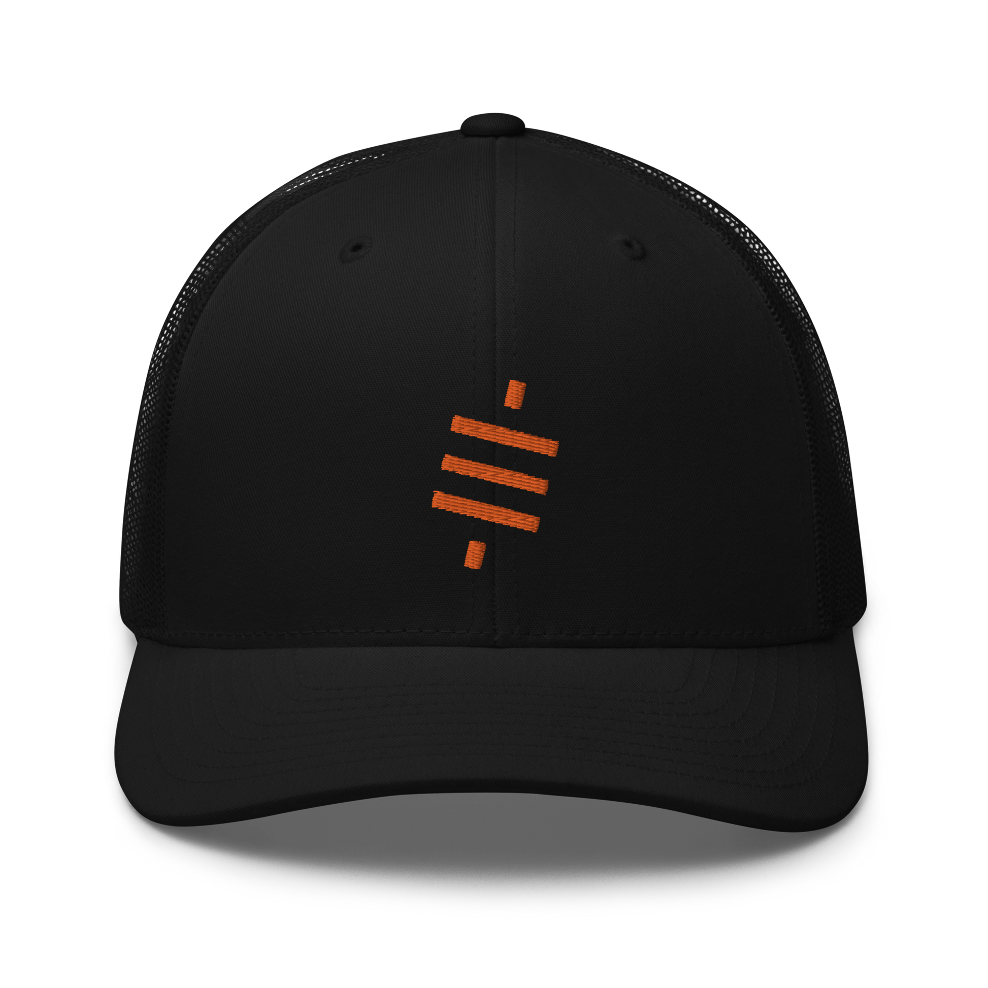 Front view of a black bitcoin trucker cap.