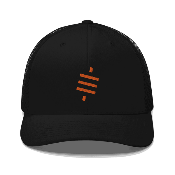 Black bitcoin trucker cap featuring the sats symbol with mesh back and adjustable closure