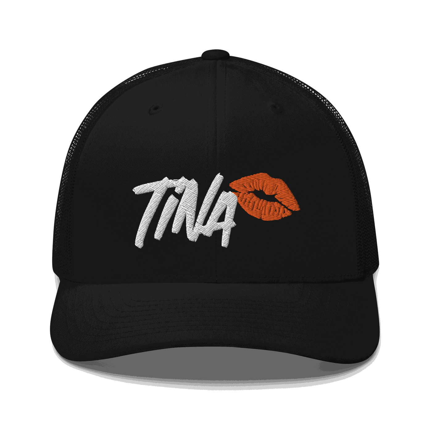 Black six-panel Bitcoin trucker cap with mesh back and adjustable closure