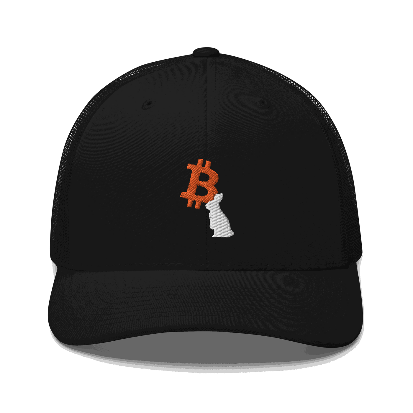 White Bitcoin Trucker Cap with mesh back and adjustable closure