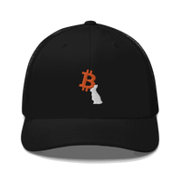 White Bitcoin Trucker Cap with mesh back and adjustable closure