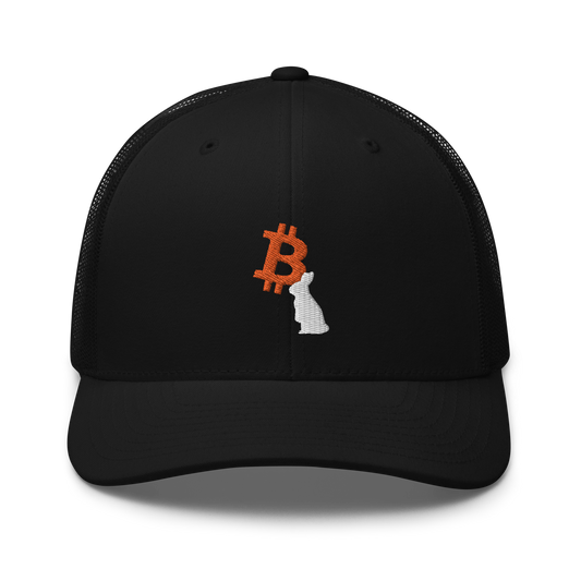 Front view of a black bitcoin trucker cap.