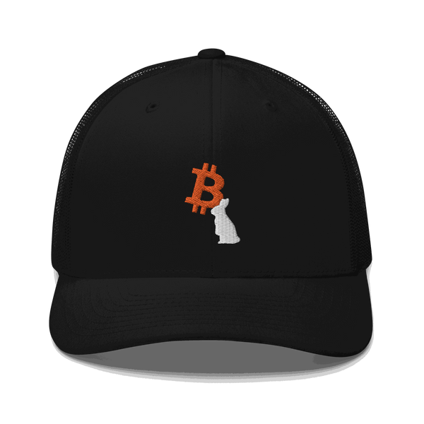 White Bitcoin Trucker Cap with mesh back and adjustable closure