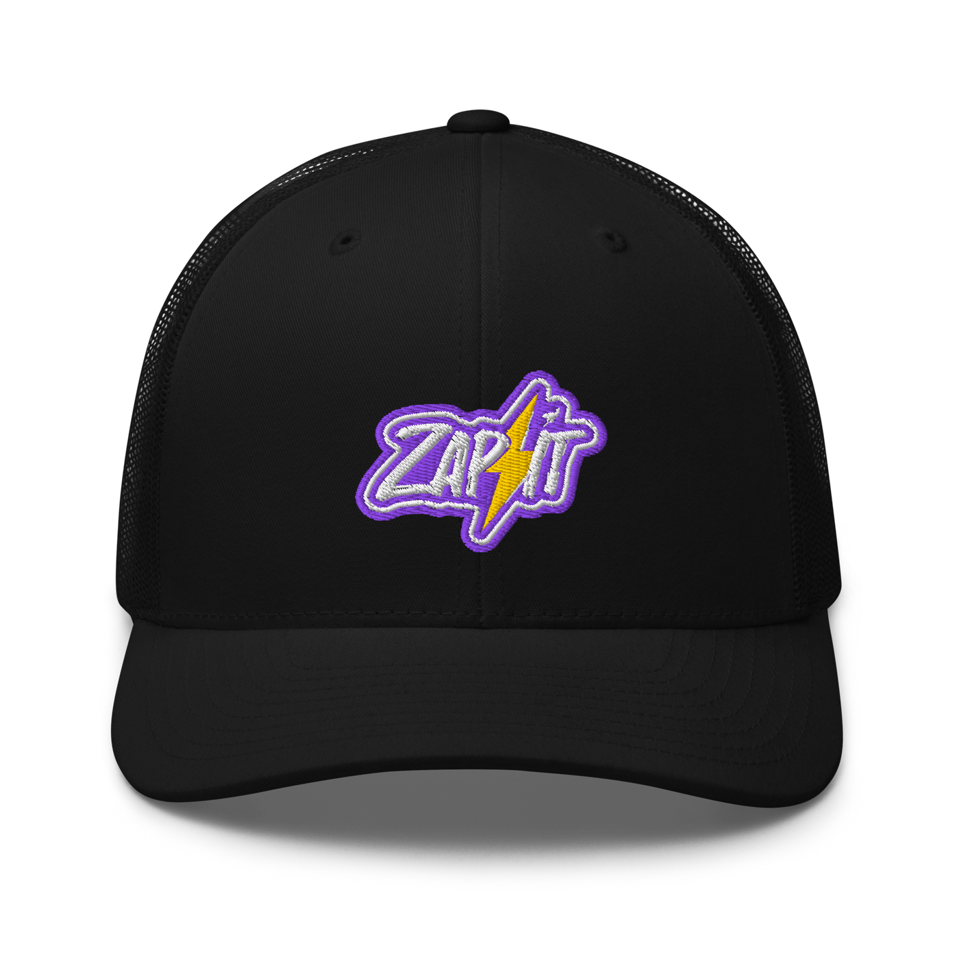 Zap It nostr trucker cap, front view: an embroidered patch with a purple border reading Zap it, split by a yellow lightning bolt, on a trucker cap with mesh side panels.