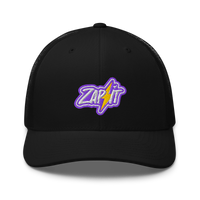 Zap It nostr trucker cap, front view: an embroidered patch with a purple border reading Zap it, split by a yellow lightning bolt, on a trucker cap with mesh side panels.