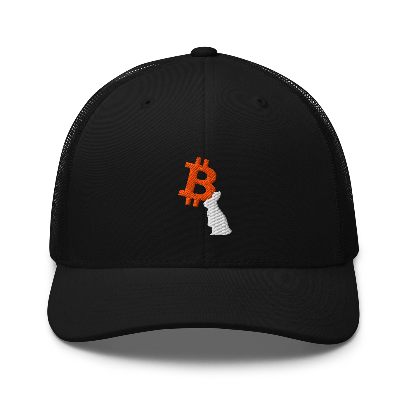 White Rabbit bitcoin trucker cap, front view: an orange bitcoin B embroidered on the front with a white rabbit sitting in front of it, on a trucker cap with mesh side panels.