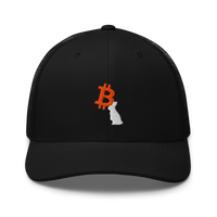 White Rabbit bitcoin trucker cap, front view: an orange bitcoin B embroidered on the front with a white rabbit sitting in front of it, on a trucker cap with mesh side panels.