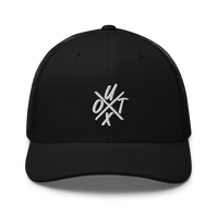UTXO bitcoin trucker cap, front view: UTXO embroidered in white, the letters set around a large X, on a trucker cap with mesh side panels.