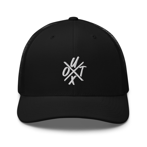 UTXO bitcoin trucker cap, front view: UTXO embroidered in white, the letters set around a large X, on a trucker cap with mesh side panels.