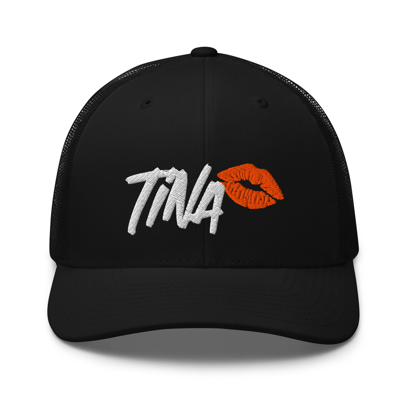 TINA bitcoin trucker cap, front view: TINA embroidered in white brush lettering beside an orange lipstick kiss, on a trucker cap with mesh side panels.