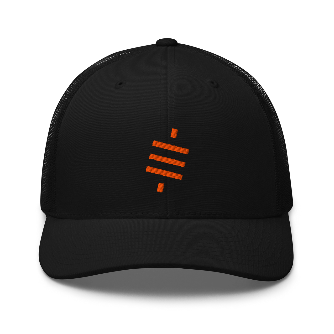 Sats symbol bitcoin trucker cap, front view: the orange sats symbol embroidered on the front, three diagonal bars crossed by a vertical stroke, on a trucker cap with mesh side panels.