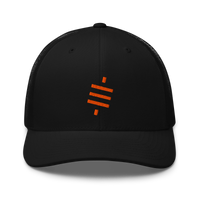 Sats symbol bitcoin trucker cap, front view: the orange sats symbol embroidered on the front, three diagonal bars crossed by a vertical stroke, on a trucker cap with mesh side panels.