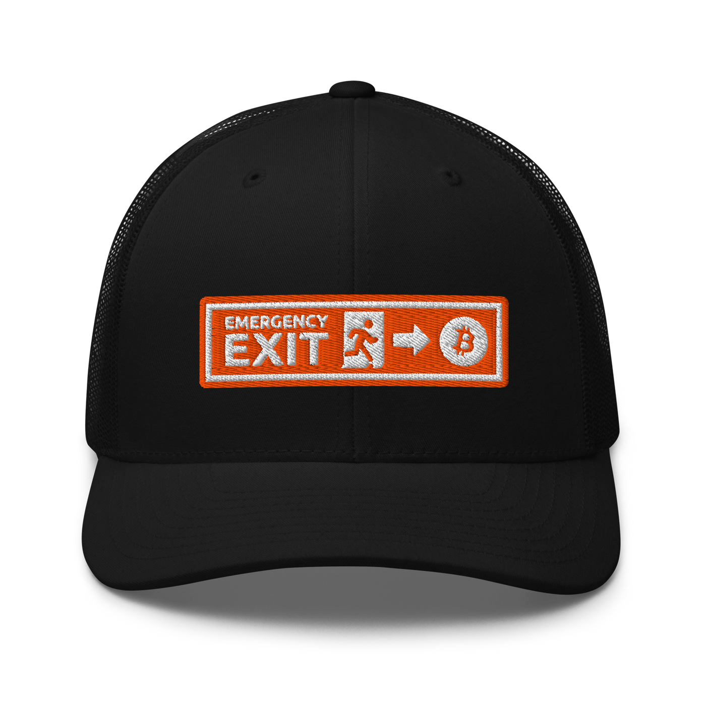 Emergency Exit bitcoin trucker cap, front view: an embroidered orange emergency-exit sign patch reading EMERGENCY EXIT with a running figure, an arrow and a bitcoin coin, on a trucker cap with mesh side panels.