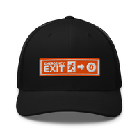 Emergency Exit bitcoin trucker cap, front view: an embroidered orange emergency-exit sign patch reading EMERGENCY EXIT with a running figure, an arrow and a bitcoin coin, on a trucker cap with mesh side panels.