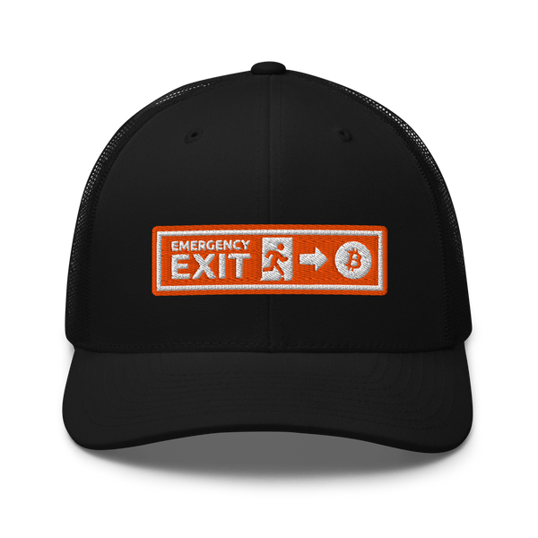 Emergency Exit bitcoin trucker cap, front view: an embroidered orange emergency-exit sign patch reading EMERGENCY EXIT with a running figure, an arrow and a bitcoin coin, on a trucker cap with mesh side panels.
