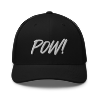 POW! bitcoin trucker cap, front view: POW! embroidered in white brush lettering with a raised shadow, on a trucker cap with mesh side panels.