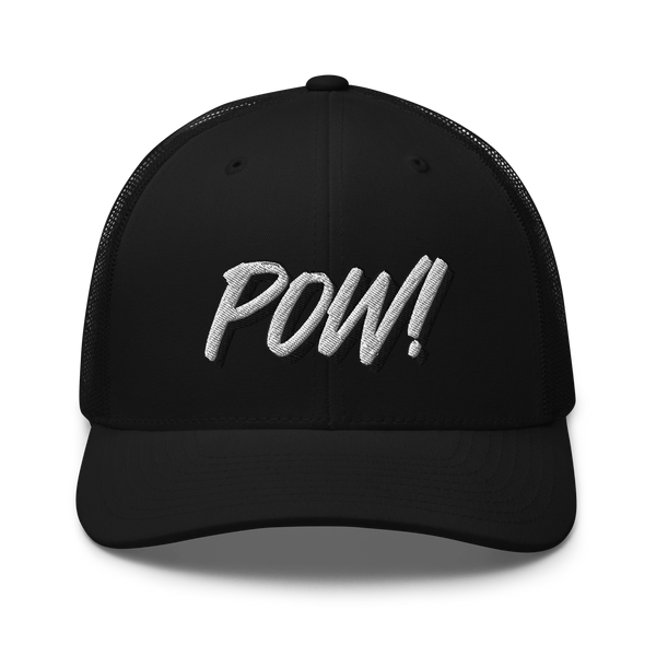 POW! bitcoin trucker cap, front view: POW! embroidered in white brush lettering with a raised shadow, on a trucker cap with mesh side panels.