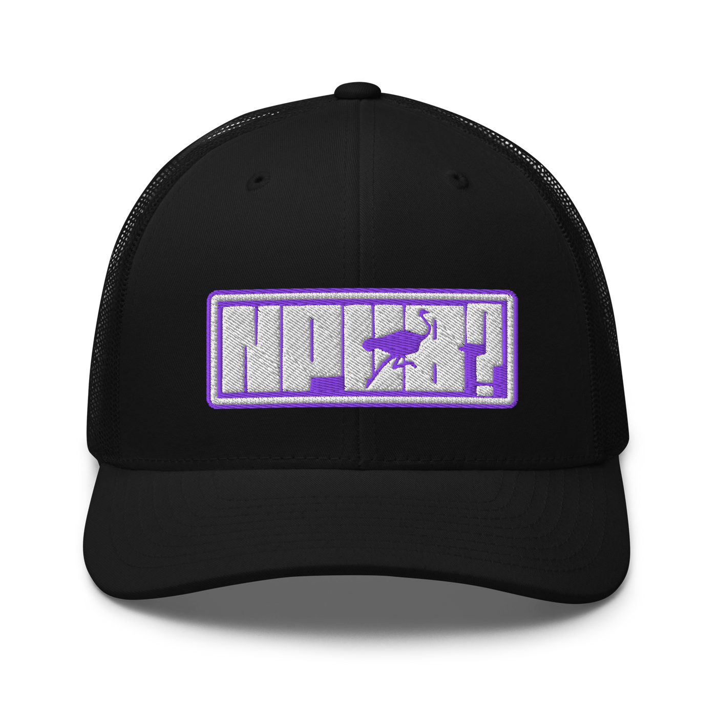 nPub? nostr trucker cap, front view: an embroidered patch with a purple border reading nPub?, the letter u formed by an ostrich, on a trucker cap with mesh side panels.