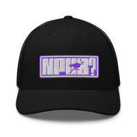 nPub? nostr trucker cap, front view: an embroidered patch with a purple border reading nPub?, the letter u formed by an ostrich, on a trucker cap with mesh side panels.