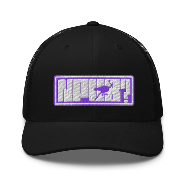 nPub? nostr trucker cap, front view: an embroidered patch with a purple border reading nPub?, the letter u formed by an ostrich, on a trucker cap with mesh side panels.