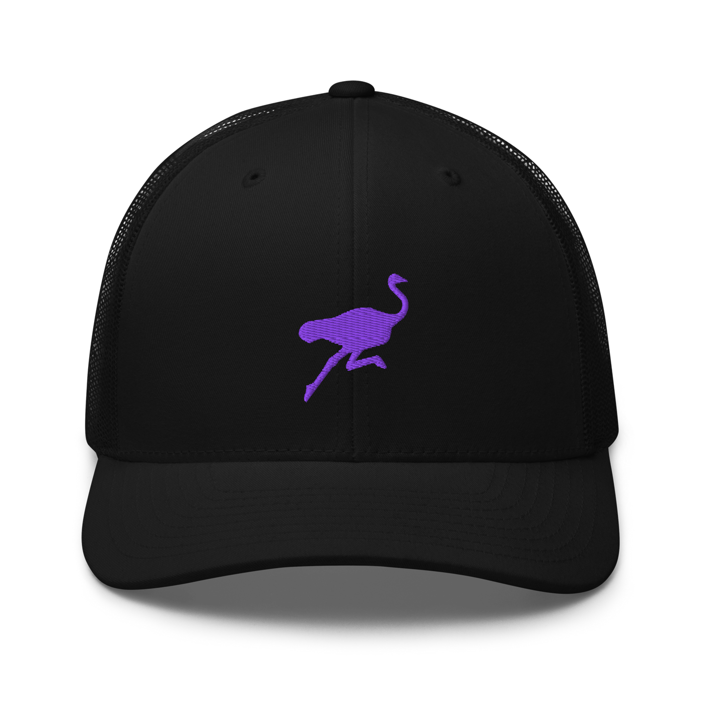 Nostrich nostr trucker cap, front view: a purple running ostrich silhouette embroidered on the front, on a trucker cap with mesh side panels.
