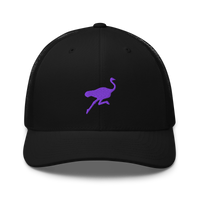 Nostrich nostr trucker cap, front view: a purple running ostrich silhouette embroidered on the front, on a trucker cap with mesh side panels.