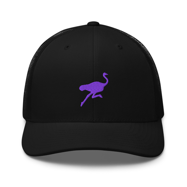 Nostrich nostr trucker cap, front view: a purple running ostrich silhouette embroidered on the front, on a trucker cap with mesh side panels.