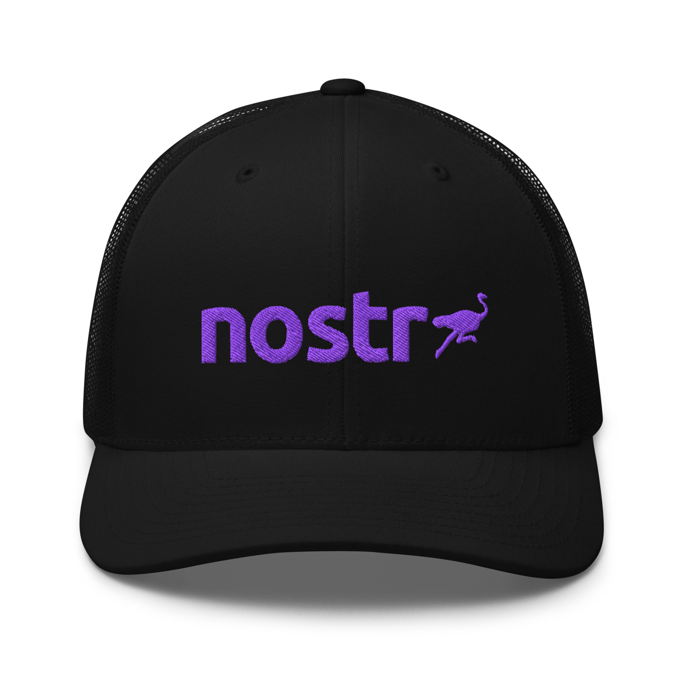 Nostr trucker cap, front view: the lowercase nostr wordmark embroidered in purple with a small running ostrich, on a trucker cap with mesh side panels.