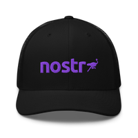 Nostr trucker cap, front view: the lowercase nostr wordmark embroidered in purple with a small running ostrich, on a trucker cap with mesh side panels.