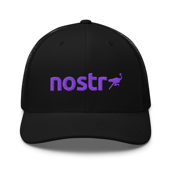 Nostr trucker cap, front view: the lowercase nostr wordmark embroidered in purple with a small running ostrich, on a trucker cap with mesh side panels.