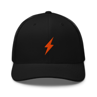 Lightning bitcoin trucker cap, front view: an orange lightning bolt embroidered on the front, on a trucker cap with mesh side panels.