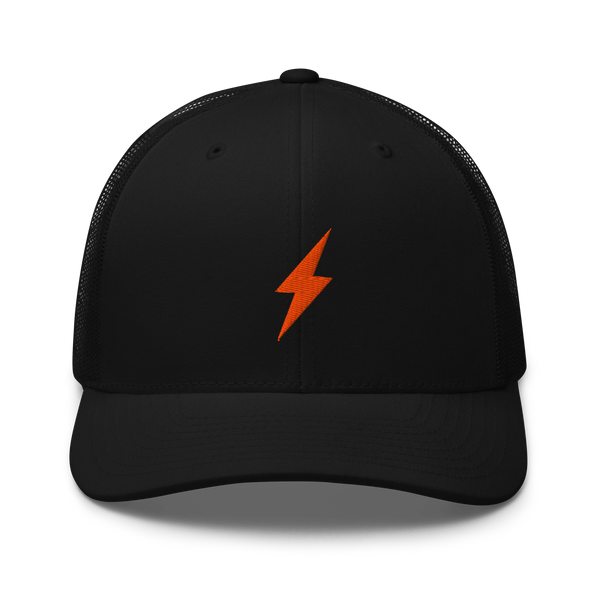 Lightning bitcoin trucker cap, front view: an orange lightning bolt embroidered on the front, on a trucker cap with mesh side panels.