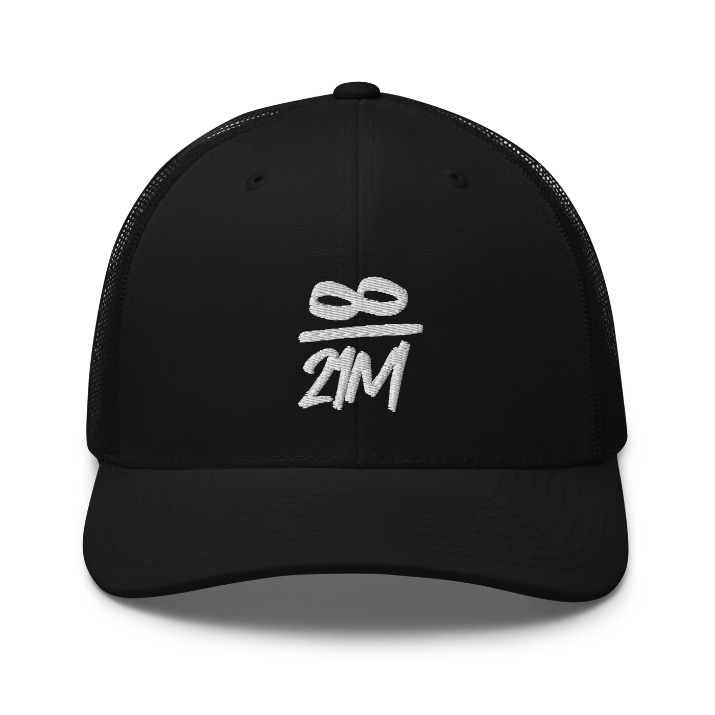 Infinity / 21M bitcoin trucker cap, front view: an infinity sign over 21M embroidered in white as a fraction, on a trucker cap with mesh side panels.