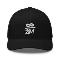 Infinity / 21M bitcoin trucker cap, front view: an infinity sign over 21M embroidered in white as a fraction, on a trucker cap with mesh side panels.