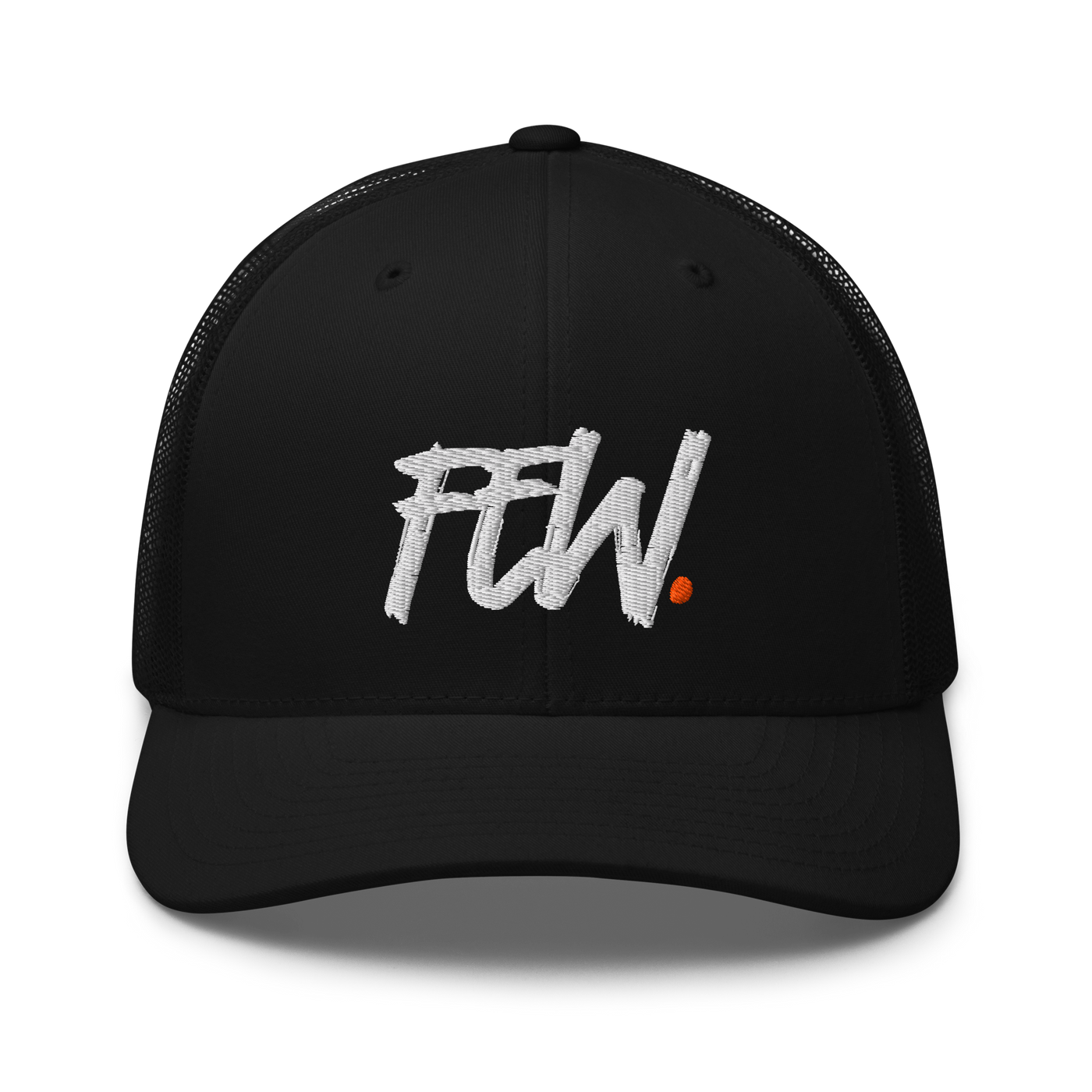 Few. bitcoin trucker cap, front view: FEW. embroidered in large white brush lettering with a small orange dot, on a trucker cap with mesh side panels.
