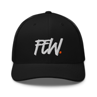 Few. bitcoin trucker cap, front view: FEW. embroidered in large white brush lettering with a small orange dot, on a trucker cap with mesh side panels.