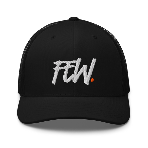 Few. bitcoin trucker cap, front view: FEW. embroidered in large white brush lettering with a small orange dot, on a trucker cap with mesh side panels.