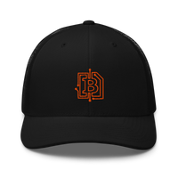 Circuit Board bitcoin trucker cap, front view: a black trucker cap with mesh side panels and an orange bitcoin B embroidered as a circuit-board trace.