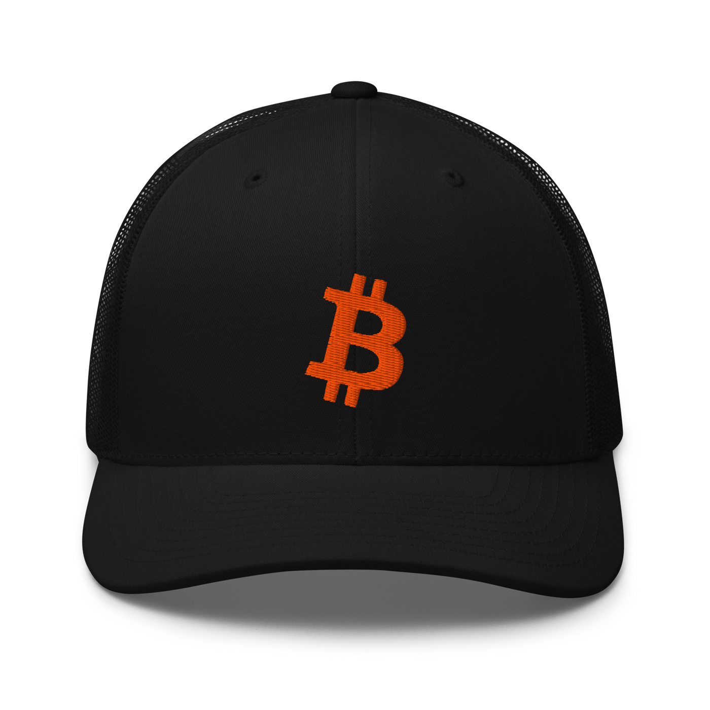 Bitcoin B bitcoin trucker cap, front view: a black trucker cap with mesh side panels and an orange bitcoin B embroidered on the front.