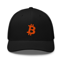 Bitcoin B bitcoin trucker cap, front view: a black trucker cap with mesh side panels and an orange bitcoin B embroidered on the front.