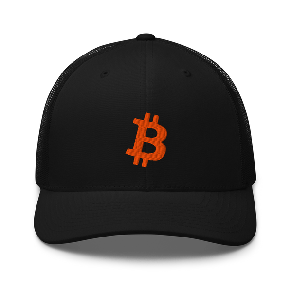 Bitcoin B bitcoin trucker cap, front view: a black trucker cap with mesh side panels and an orange bitcoin B embroidered on the front.