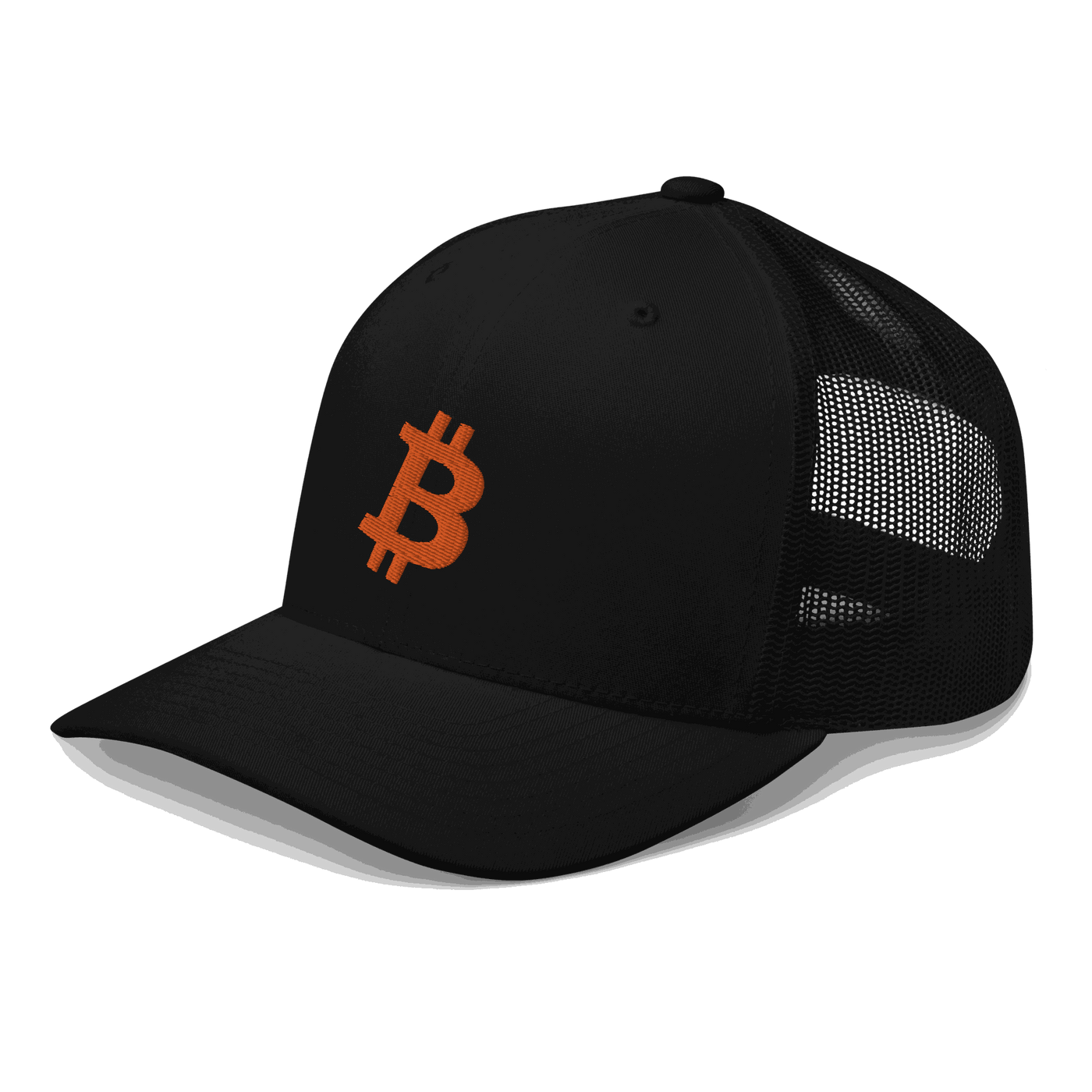 Side view of a black bitcoin trucker cap.