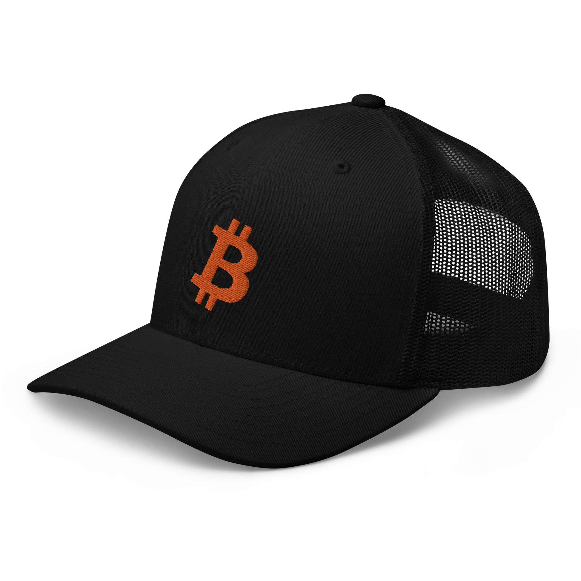 Side view of a black bitcoin trucker cap.