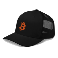 Side view of a black bitcoin trucker cap.